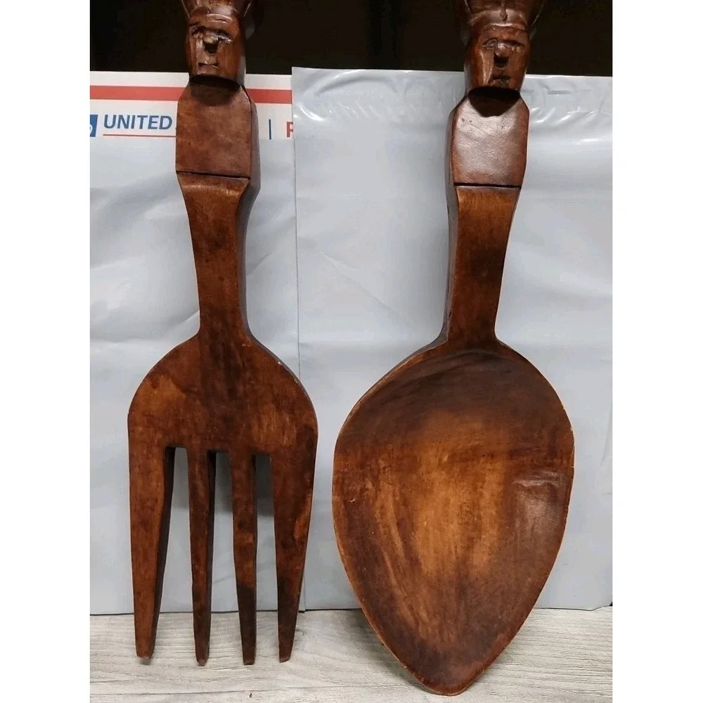 Vintage MCM Tiki Fork & Spoon‎ Wood Wall Decor 27